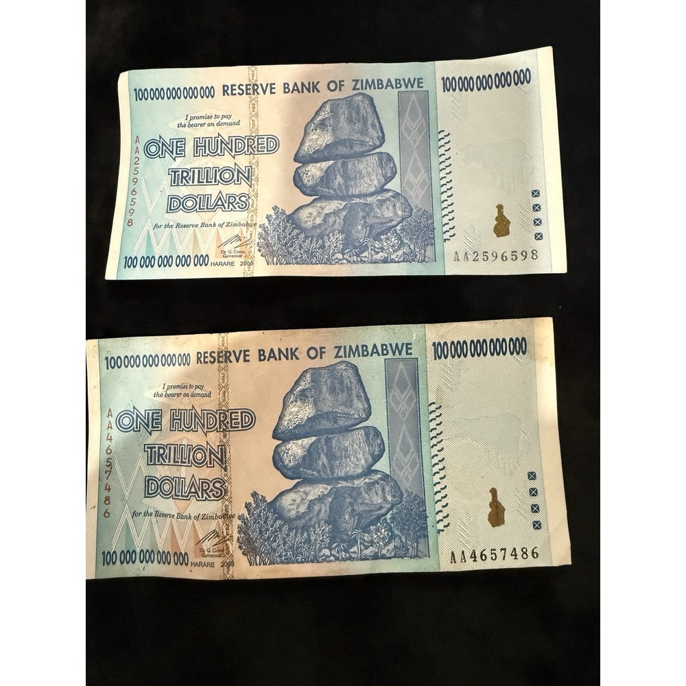 Zimbabwe 100 Trillion Dollars Banknotes From 2008 Lot of 2 Circulated Condition